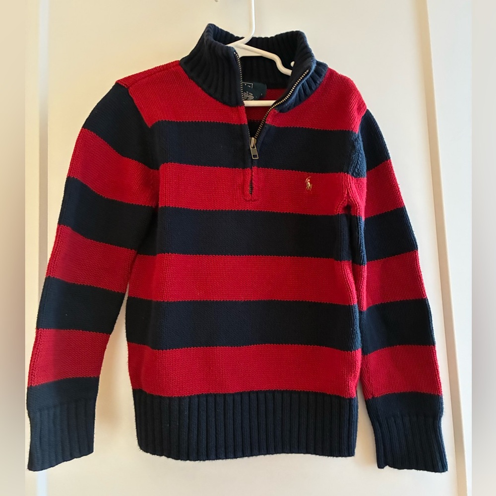 Polo Ralph Lauren Quarter Zip Boy Sweater Red with Blue Stripes Cotton, size 7
